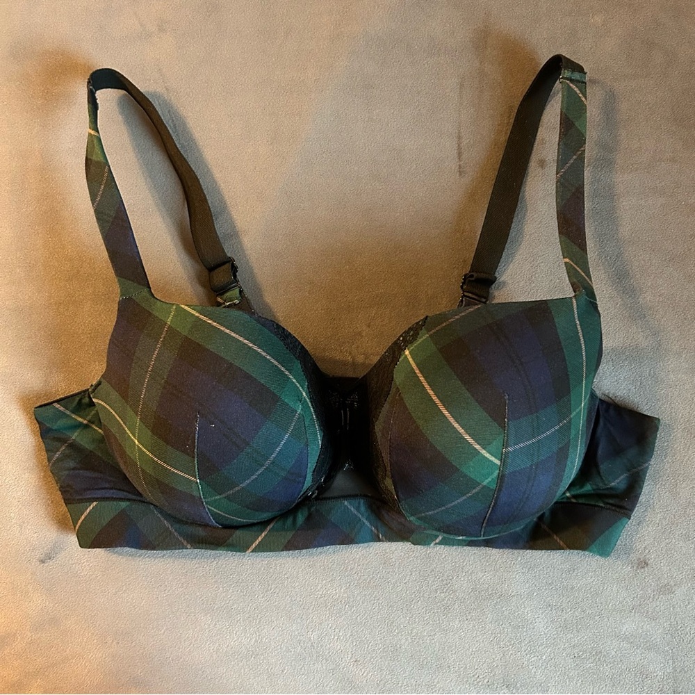 Cacique Lightly Lined Balconette Green & Black Plaid Bra 40C